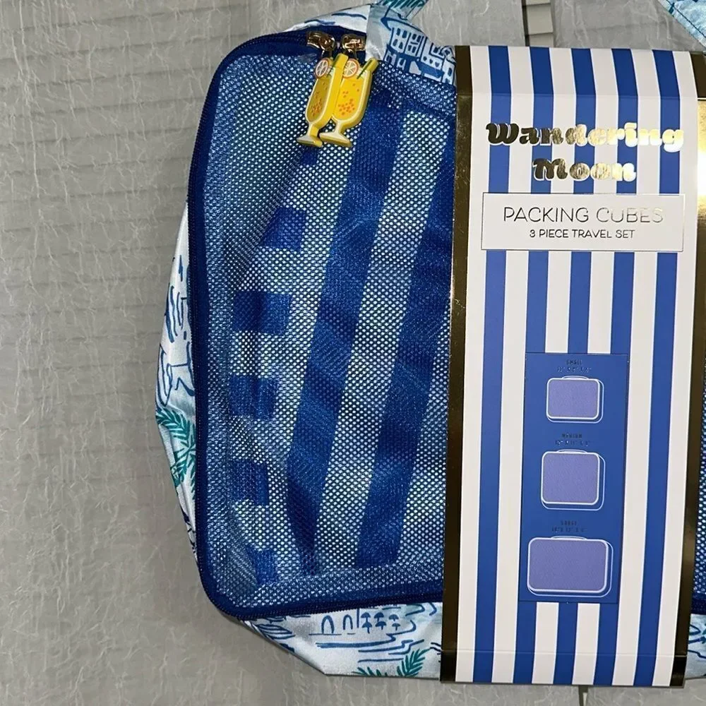 WM Blue Green Yellow Coastal Lemon Mesh Stripe 3 Piece Travel Packing Cube Set